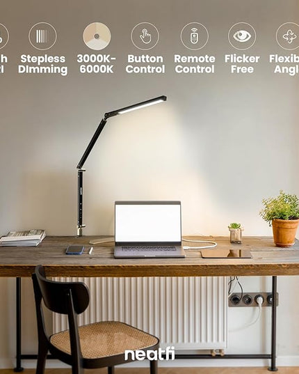 Neatfi LED Desk Lamp with Clamp, Touch & Remote Controlled, Stepless Dimming, 3 Color Modes, 3000-6000K, Detachable Shade, Flicker-Free, 360° Rotation, Wide Angle Lighting (Modern, Black) - LeafyLoom