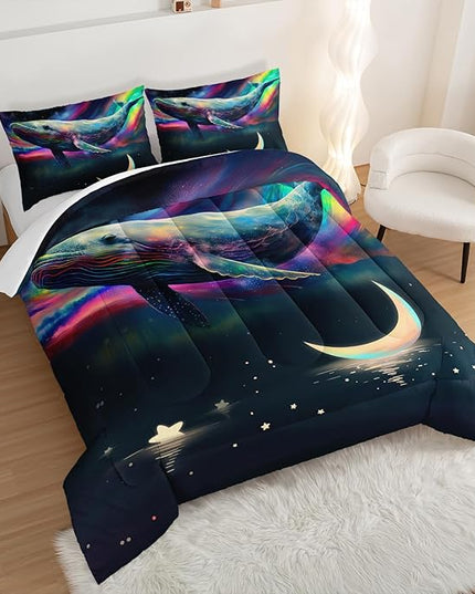 HOSIMA 3D Whale Galaxy Bedding Comforter Sets,Stars Moon Comforter Starry Room Decor Aesthetics,Ocean Theme Marine Life Whale Comforter with 2 Pillowcases Full Size Bed in a Bag Set for Adults Kids. - LeafyLoom