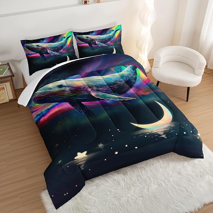 HOSIMA 3D Whale Galaxy Bedding Comforter Sets,Stars Moon Comforter Starry Room Decor Aesthetics,Ocean Theme Marine Life Whale Comforter with 2 Pillowcases Twin Bed in a Bag Sets for Adults Kids. - LeafyLoom