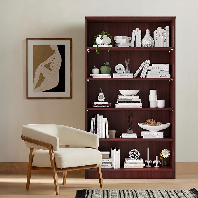 Soohow Mahogany Bookcase,Bookshelf for Bedroom,60 inches Tall Wood Book case Book Shelves,5 Shelf Book Shelves for Living Room Office - LeafyLoom