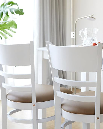 Livinia Cabin Dining Chair Set of 2, Solid Malaysian Oak PU Leather Upholstered Cushion Seat Wooden Ladder Back Side Chairs (White) Assembly Required - LeafyLoom