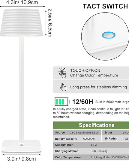 Rechargeable Cordless Table Lamp, Battery 5000mAh Metal Aluminum Housing USB LED Portable Powered Desk Lamp, 3 Levels Brightness Night Light for Restaurants Bars Outdoor (White-2pack) - LeafyLoom