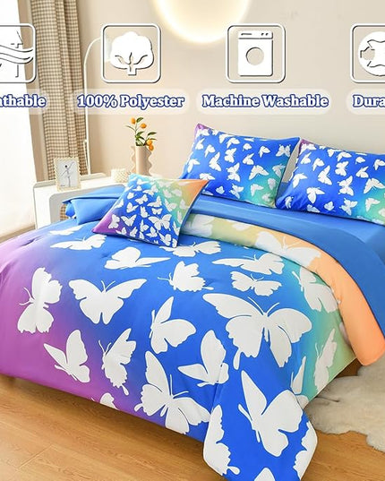Butterfly Bedding Set Full, Blue Butterfly Comforter Set for Girls Kids Teens 6 pcs Bed in a Bag Full Bedding Sets for Girls - LeafyLoom