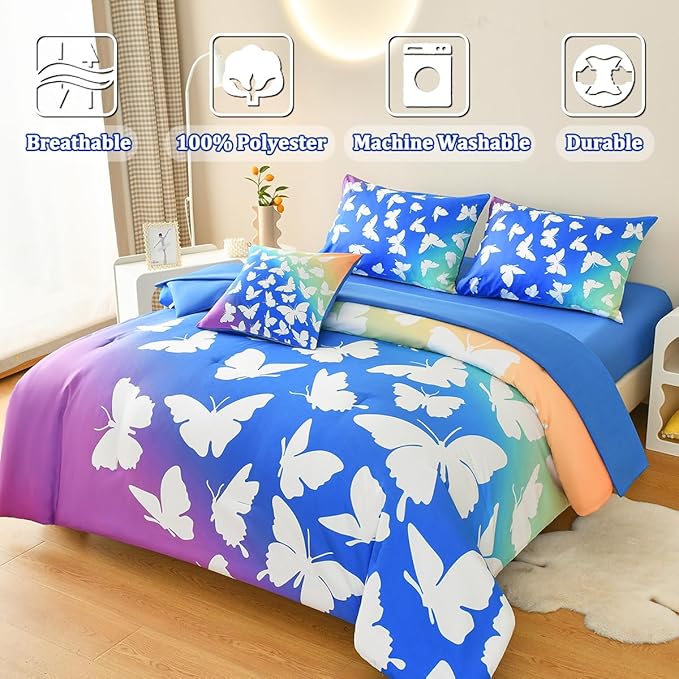 Butterfly Bedding Set Full, Blue Butterfly Comforter Set for Girls Kids Teens 6 pcs Bed in a Bag Full Bedding Sets for Girls - LeafyLoom