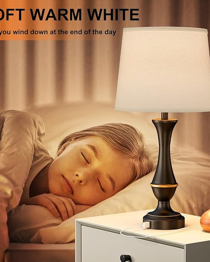 Touch Lamps for Bedrooms Set of 2 - Nightstand Table Lamp with USB C+A, 3 Way Dimmable Bedside Lamps for Living Room End Tables Set of 2, Farmhouse Night Stand Lamps for Bed Side Guest Room(White) - LeafyLoom