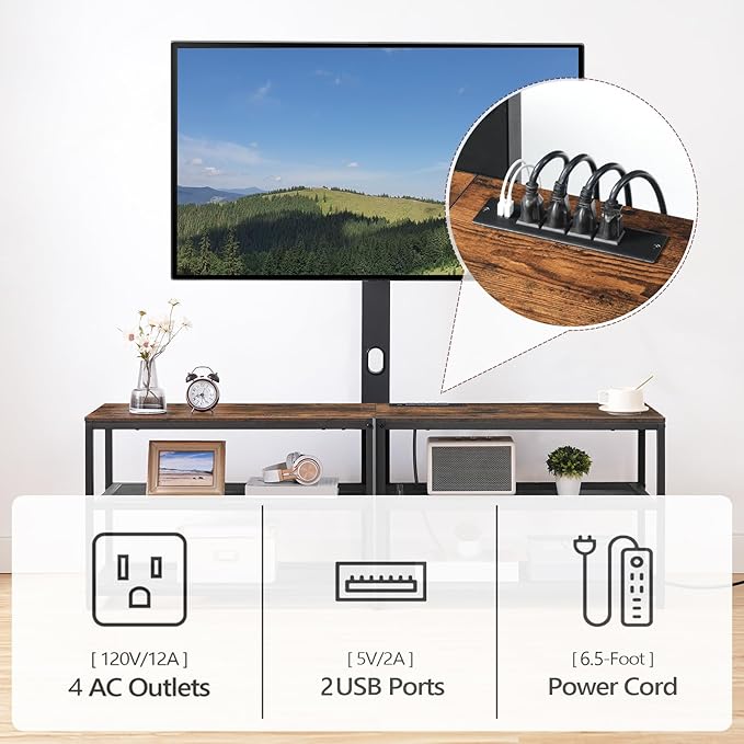 TV Stand with Mount and 4 Power Outlets 59", Entertainment Center Media Console, Swivel TV Stand Mount up to 75 inch TVs, Height Adjustable, Metal Frame for Living Room, Bedroom TVHR35E01V - LeafyLoom