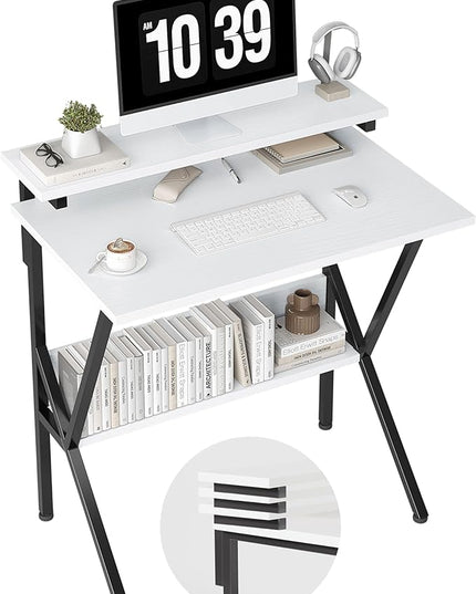 COTUBLR Small Desk, 27.5 Inch Small Computer Desk for Small Spaces, Computer Desk with Adjustable Monitor Stand, Compact Desk with Storage, Tiny Desk Study Desk for Bedroom Home Office, White - LeafyLoom
