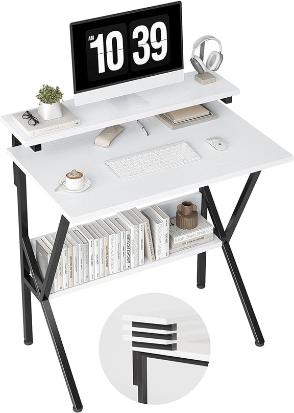 COTUBLR Small Desk, 27.5 Inch Small Computer Desk for Small Spaces, Computer Desk with Adjustable Monitor Stand, Compact Desk with Storage, Tiny Desk Study Desk for Bedroom Home Office, White - LeafyLoom