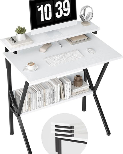 COTUBLR Small Desk, Small Computer Desk for Small Spaces, 27.5 Inch Computer Desk with Adjustable Monitor Stand, Compact Desk with Storage for Bedroom Home Office, White Tabletop+Black Frame - LeafyLoom