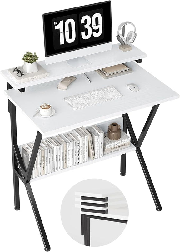 COTUBLR Small Desk, Small Computer Desk for Small Spaces, 27.5 Inch Computer Desk with Adjustable Monitor Stand, Compact Desk with Storage for Bedroom Home Office, White Tabletop+Black Frame - LeafyLoom