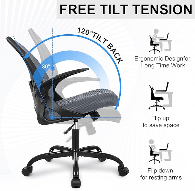Primy Office Chair Ergonomic Desk Chair with Adjustable Lumbar Support and Height, Swivel Breathable Desk Mesh Computer Chair with Flip up Armrests for Conference Room（Dark Gray） - LeafyLoom