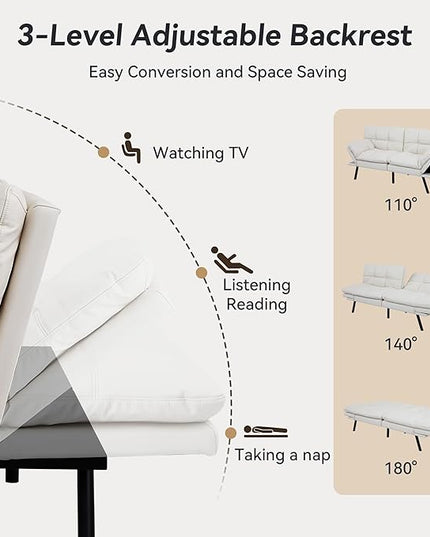 Memory Foam Faux Leather Futon Sofa Bed Couch,Convertible Futon Sofa Couch,Loveseat Sleeper Sofa Bed,Small Splitback Modern Sofa Bed for Living Room,Office,Apartment,White - LeafyLoom