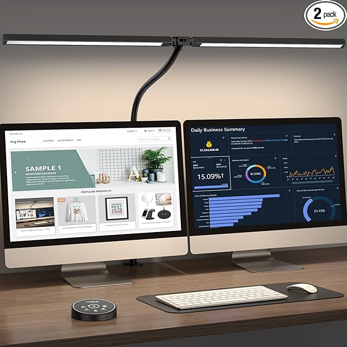 Led Desk Lamp for Office Home - 2 Pack Eye Caring Architect lamp with Clamp,Dual Screen Computer Monitor Gooseneck Smart Light: 24W 5 Color Flexible Adjustable Lighting Table Lamp for Study - LeafyLoom