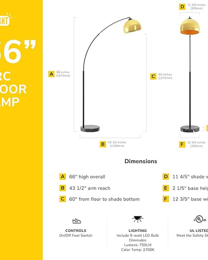 GETINLIGHT 66" Modern Antique Brass Arc Floor Lamp with Inner Gold Metal Shade and Black Marble Base, LED Bulb Included, IN-0806-1-AG - LeafyLoom