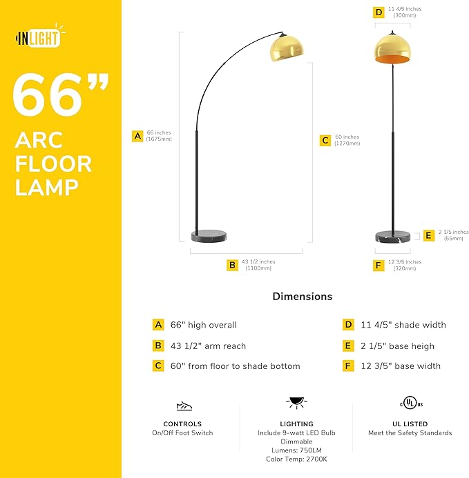 GETINLIGHT 66" Modern Antique Brass Arc Floor Lamp with Inner Gold Metal Shade and Black Marble Base, LED Bulb Included, IN-0806-1-AG - LeafyLoom