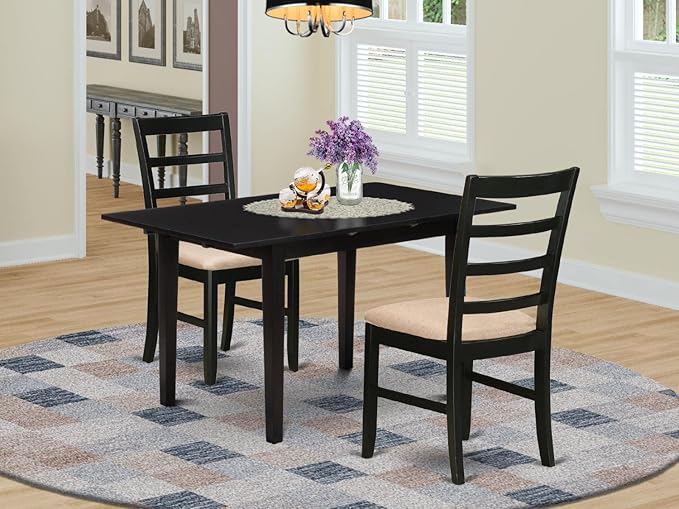 East West Furniture NOPF3-BLK-C 3 Piece Dining Room Table Set Contains a Rectangle Kitchen Table with Butterfly Leaf and 2 Linen Fabric Upholstered Chairs, 32x54 Inch, Black - LeafyLoom