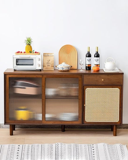 Tiita Bamboo Sideboard Buffet Cabinet, Rattan Kitchen Storage Cabinet with Drawer, Boho Coffee Bar Tables for Kitchen Living Room Hallway Office, Walnut - LeafyLoom