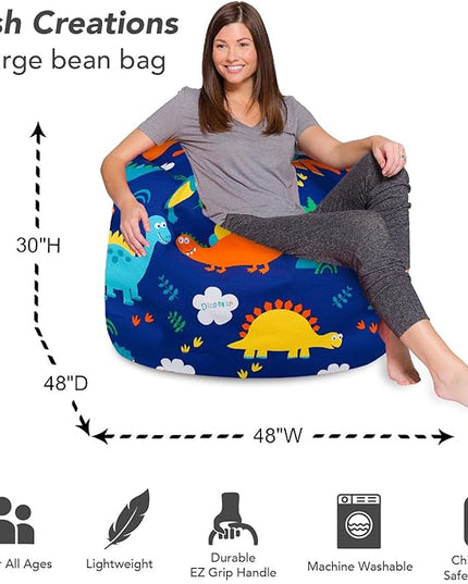 Posh Creations Bean Bag Chair for Kids, Teens, and Adults Includes Removable and Machine Washable Cover, Canvas Dinos on Blue, 48in - X-Large - LeafyLoom