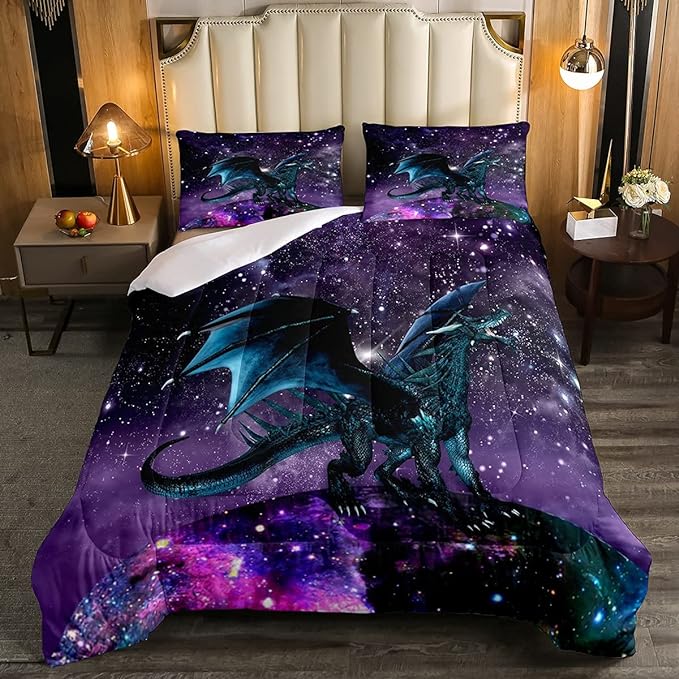Erosebridal Dragon Bedding Set Purple Nebula Comforter Set Full Size Mysterious Outer Space Duvet Set Trippy Bedding Set for Kids Boys Girls Teens Room Decor, Safari Wildlife Animals Quilt Set - LeafyLoom