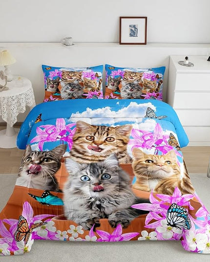 Kids Cute Cat Bedding Set Cartoon Pet Cats Kittens Comforter Set Cat Lovers Animal Themed Comforter for Boys Girls Purple Floral Butterflies Print Down Alternative Comforter Room Decor Twin Size - LeafyLoom