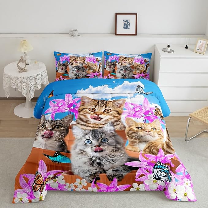 Kids Cute Cat Bedding Set Cartoon Pet Cats Kittens Comforter Set Cat Lovers Animal Themed Comforter for Boys Girls Purple Floral Butterflies Print Down Alternative Comforter Room Decor Twin Size - LeafyLoom
