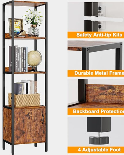 Furologee 5-Tier Bookshelf, Narrow Shelf with Storage Cabinet for Bedroom, Metal and Wood Shelf, Industrial Freestanding Display Tall Shelf for Living Room, Home Office, Bathroom, Rustic Brown - LeafyLoom