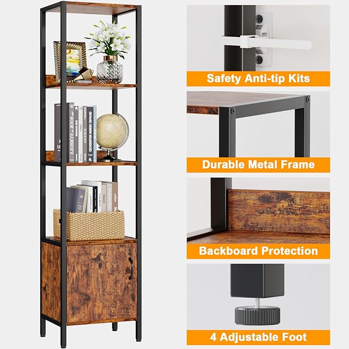 Furologee 5-Tier Bookshelf, Narrow Shelf with Storage Cabinet for Bedroom, Metal and Wood Shelf, Industrial Freestanding Display Tall Shelf for Living Room, Home Office, Bathroom, Rustic Brown - LeafyLoom