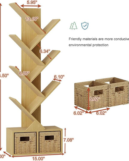 Vagusicc 6 Tier Tree Bookshelf - Retro Shelf Floor Standing Bookcase with Baskets, Tall Wood Book Storage Rack for Books/CDs, Tree Utility Book Organizer Shelves for Living Room, Home Office, Bedroom - LeafyLoom