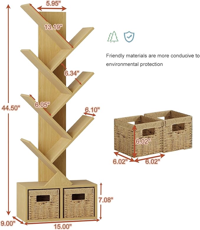 Vagusicc 6 Tier Tree Bookshelf - Retro Shelf Floor Standing Bookcase with Baskets, Tall Wood Book Storage Rack for Books/CDs, Tree Utility Book Organizer Shelves for Living Room, Home Office, Bedroom - LeafyLoom