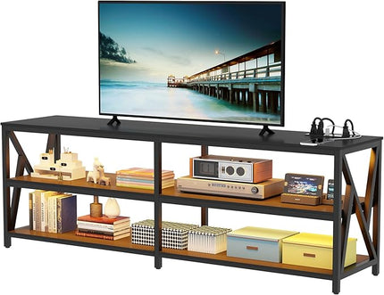 Lvifur LED TV Stand for 65 70 75 inch TV, Auto Sensor Entertainment Center with RGB Dimmable Lights, TV Console Table with Open Storage Shelves and Metal Frame (Black) - LeafyLoom