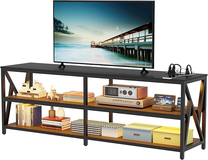 Lvifur LED TV Stand for 65 70 75 inch TV, Auto Sensor Entertainment Center with RGB Dimmable Lights, TV Console Table with Open Storage Shelves and Metal Frame (Black) - LeafyLoom