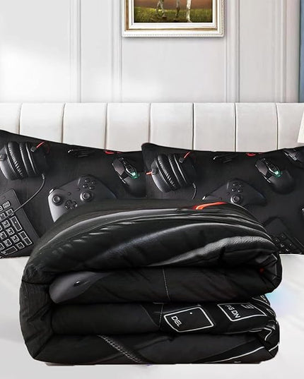 Gamer Comforter Set Twin Size for Boys Kids 3D Gaming Microfiber Quilts Black Video Game Bedding Sets Room Decor Gaming Bedding Set All Season for Game Lovers(Color 1,Twin) - LeafyLoom