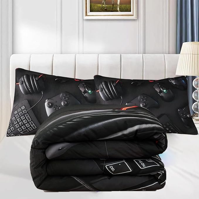 Gamer Comforter Set Twin Size for Boys Kids 3D Gaming Microfiber Quilts Black Video Game Bedding Sets Room Decor Gaming Bedding Set All Season for Game Lovers(Color 1,Twin) - LeafyLoom