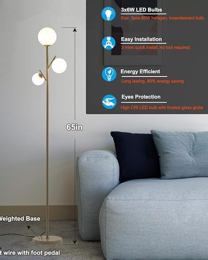 3 Globe Mid Modern Floor Lamp with Orb Frosted Glass Globe and 3000K Warm Light LED Bulbs, Cute Standing Tree Lamp for Living Room, Bedroom, Home & Office - Grey - LeafyLoom