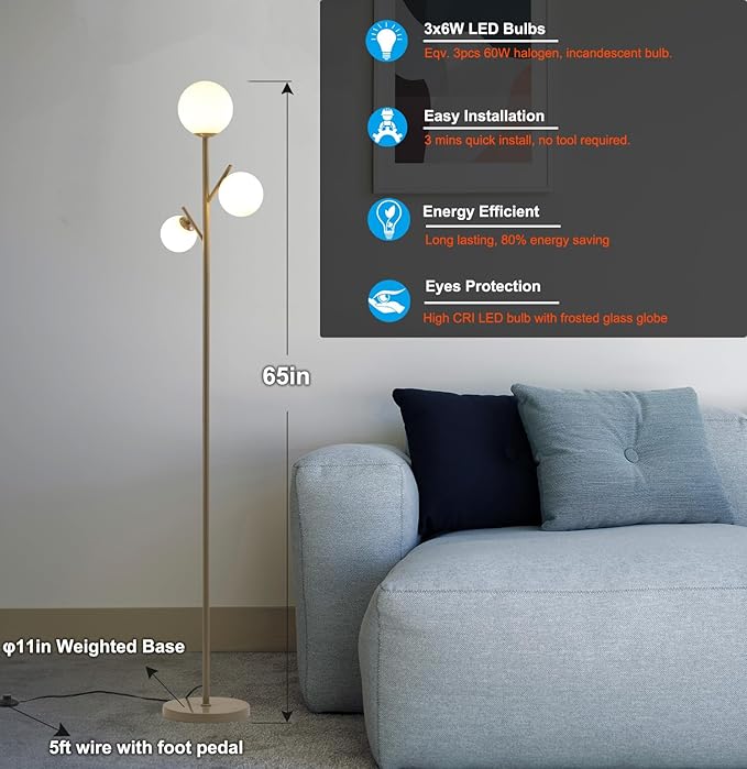 3 Globe Mid Modern Floor Lamp with Orb Frosted Glass Globe and 3000K Warm Light LED Bulbs, Cute Standing Tree Lamp for Living Room, Bedroom, Home & Office - Grey - LeafyLoom