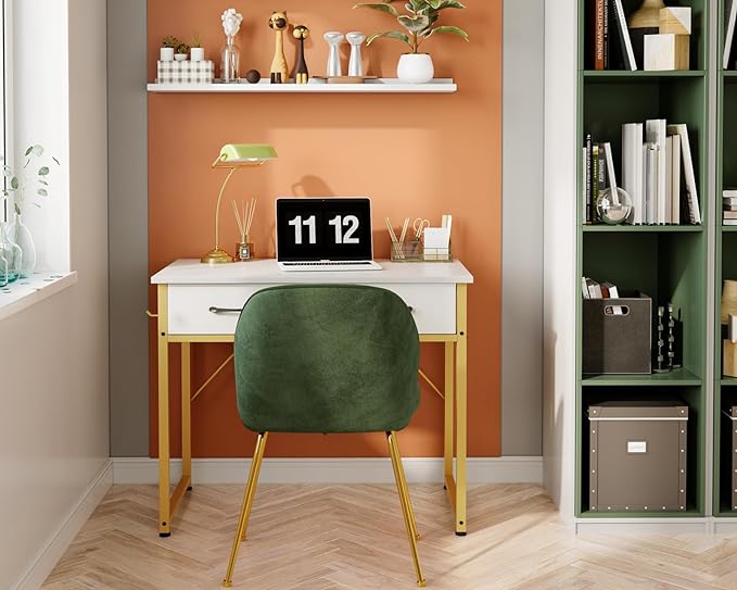 ODK Vanity Desk without Mirror, Makeup Vanity with 2 Fabirc Drawers, White Vanity Dressing Vanity Table with Versatile Hook, 40 Inch Girl Vanity for Bedroom, Desk Make Up for Girls, White and Gold - LeafyLoom