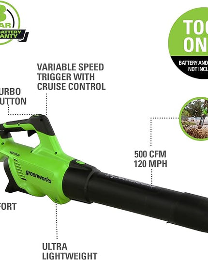 Greenworks 40V (120 MPH / 500 CFM / 75+ Compatible Tools) Cordless Axial Leaf Blower, Tool Only - LeafyLoom