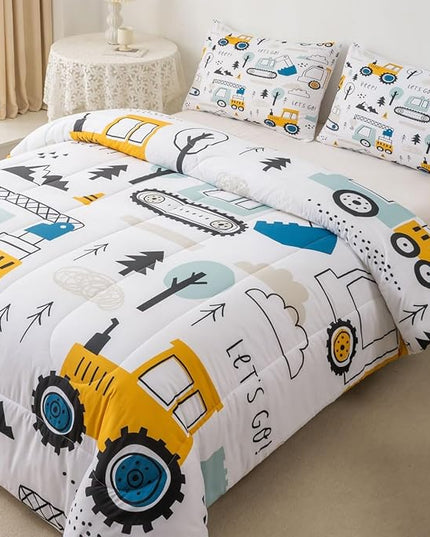 Cartoon Car Kids Comforter Set Construction Bedding Set Decor Equipment Trucks Comforter Cartoon Car Excavator Tractor White Yellow Duvet Set Bedroom Quilt Set 3Pcs Full - LeafyLoom