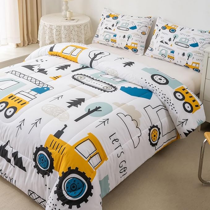 Cartoon Car Kids Comforter Set Construction Bedding Set Decor Equipment Trucks Comforter Cartoon Car Excavator Tractor White Yellow Duvet Set Bedroom Quilt Set 3Pcs Full - LeafyLoom