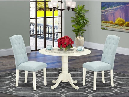 East West Furniture DLCE3-WHI-15 Dublin 3 Piece Set Contains a Round Dining Room Table with Dropleaf and 2 Baby Blue Fabric Upholstered Chairs, 42x42 Inch, Linen White - LeafyLoom