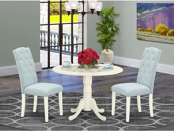 East West Furniture DLCE3-WHI-15 Dublin 3 Piece Set Contains a Round Dining Room Table with Dropleaf and 2 Baby Blue Fabric Upholstered Chairs, 42x42 Inch, Linen White - LeafyLoom