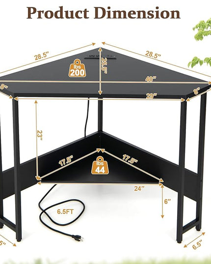 Corner Desk with Charging Station & USB Port, 90-degree Triangle Computer Workstation w/Storage Shelf, Metal Frame, Space-saving Laptop PC Desk for Small Space, Home Office (Black) - LeafyLoom