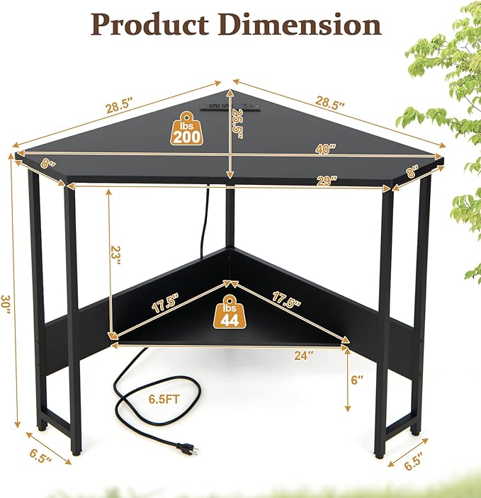 Corner Desk with Charging Station & USB Port, 90-degree Triangle Computer Workstation w/Storage Shelf, Metal Frame, Space-saving Laptop PC Desk for Small Space, Home Office (Black) - LeafyLoom