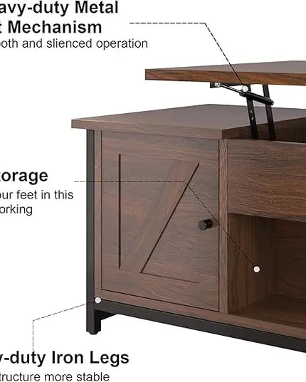 FABATO 41.7" Lift Top Coffee Table with Storage Drawer& Hidden Compartment Barn Door Cabinet Center Sofa Console Table for Living Room Farmhouse Industrial Wood, Espresso - LeafyLoom