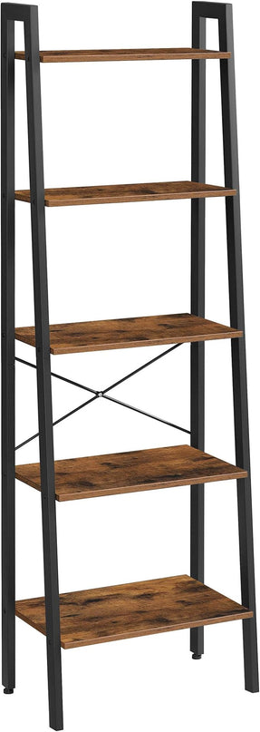 VASAGLE Ladder Shelf, 5-Tier Bookshelf, Storage Rack, Bookcase with Steel Frame, Wood Look Accent Furniture with Metal Frame, 22.1 x 13.3 x 67.7 Inches, Rustic Brown ULLS45X - LeafyLoom