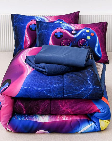 Meeting Story Gamer Gaming Bedding Sets Red Blue Lightnings Gamepad Comforter Set for Boys Games Console Action Buttons Novelty Colorful Modern Room Decor Home Quilt Set (Blue-Purple, Twin 5Pcs) - LeafyLoom