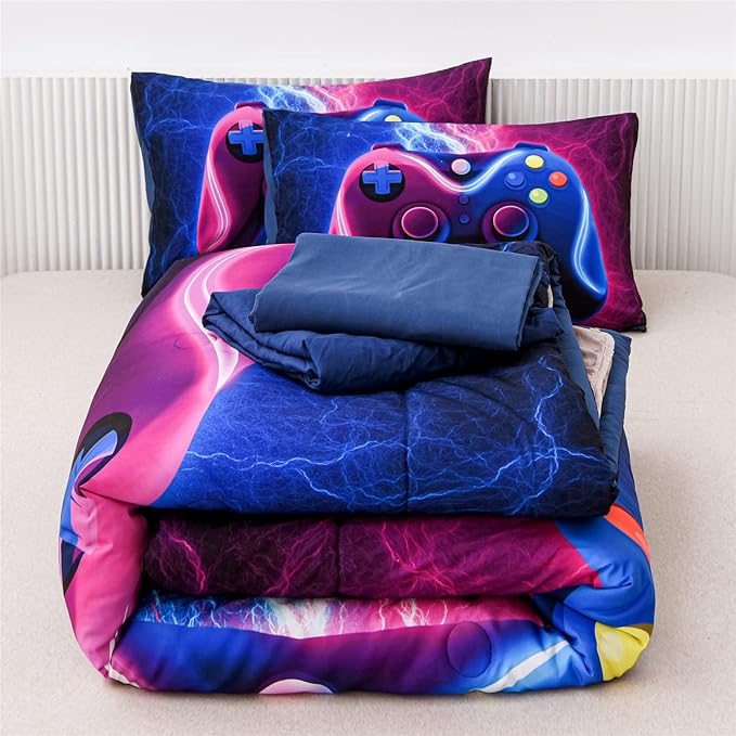 Meeting Story Gamer Gaming Bedding Sets Red Blue Lightnings Gamepad Comforter Set for Boys Games Console Action Buttons Novelty Colorful Modern Room Decor Home Quilt Set (Blue-Purple, Twin 5Pcs) - LeafyLoom