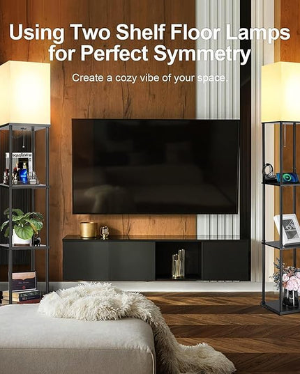 2 Packs Floor Lamp w. Shelves Including 2AC Outlets & 2USB Ports 9W LED Light Bulb 3 Color Temperature Soft/Cool/Daylight White w. 2PCS Acrylic Photo Frame for Living Room/Bedroom - LeafyLoom