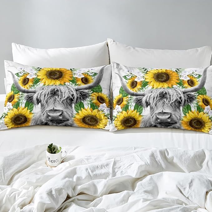 Highland Cow Comforter Set Full Sunflowers Art Down Comforter Rustic Bull Cattle Bedding Set For Kids Boys Girls Adult Farmhouse Western Funny Animal Wild Theme Duvet Set Grey Marble Comforter - LeafyLoom