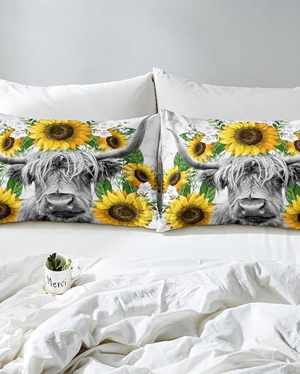 Highland Cow Comforter Set Twin Sunflowers Art Down Comforter Rustic Bull Cattle Bedding Set For Kids Boys Girls Adult Farmhouse Western Funny Animal Wild Theme Duvet Set Grey Marble Comforter - LeafyLoom